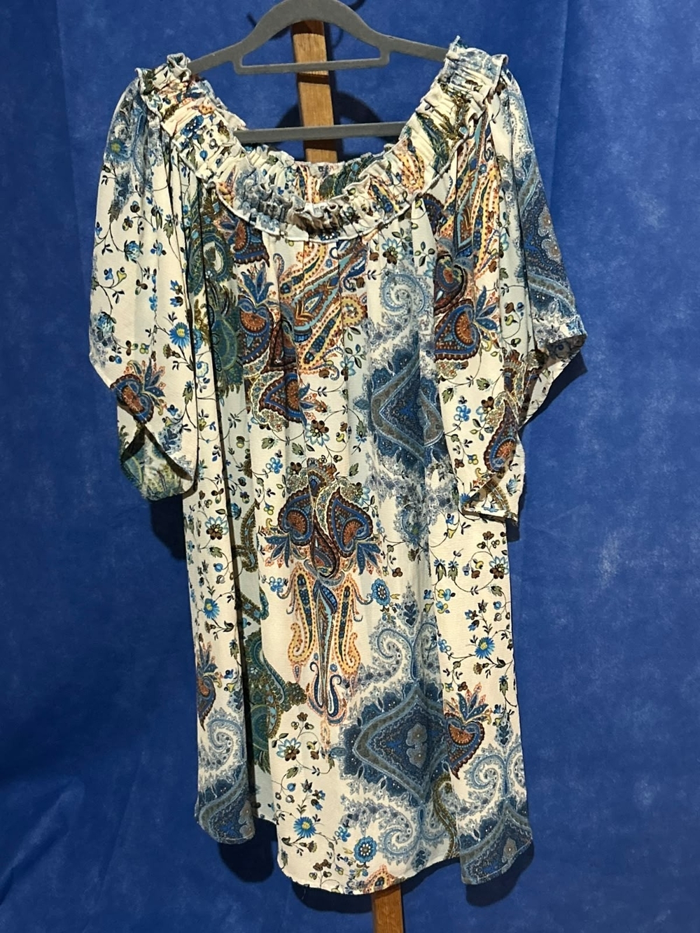 Umgee Off-Shoulder Paisley Tunic in Blue & Cream with Rust Accents